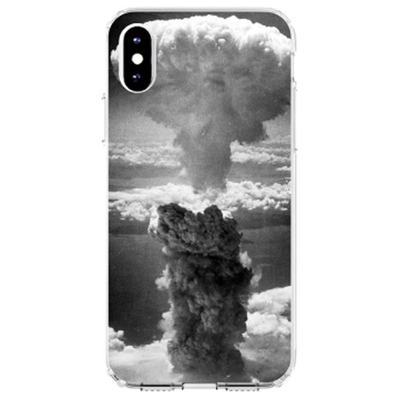 DistinctInk Clear Shockproof Hybrid Case for iPhone X / XS (5.8" Screen) - TPU Bumper, Acrylic Back, Tempered Glass Screen Protector - Nuclear Mushroom Cloud