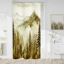 Yellow Small Stall Misty Pine Forest Shower Curtain 36 x 72, Mountain Foggy Woodland Scenery Tree Narrow Half Size Shower Curtains for Bathroom, Waterproof Nature-Themed Decor