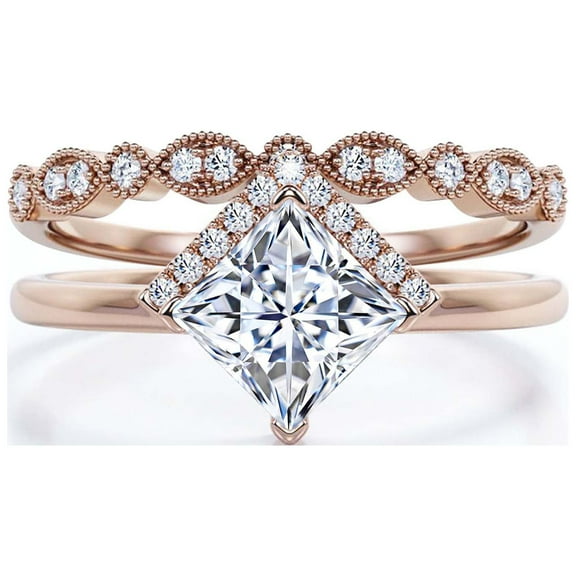 Boho & Hippie 2.00 Carat Princess Cut Diamond Moissanite Dainty Engagement Ring, Classic Wedding Ring, One Matching Band In 10K Solid Rose Gold, Gift For Her, Promise Ring, Anniversary Ring, Bridal