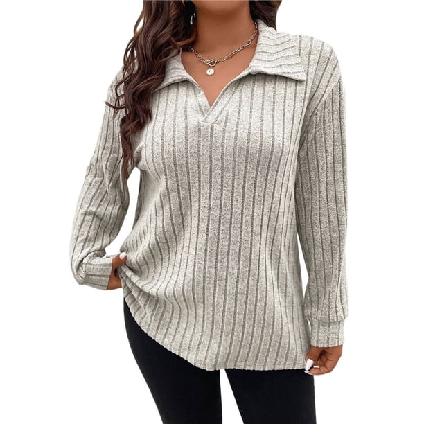 Suéter de Punto Informal de Talla Grande para Mujer, Cuello en V, Solapa, Color Liso, Camisa de Larga. Albaricoque XXXL