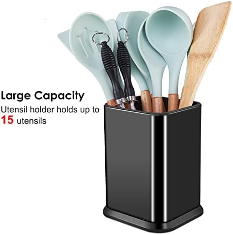 Stainless Steel Kitchen Utensil Holder for Countertop, Spoon Spatula Organizer,Modern Rectangular Large Cooking Utensil Caddy Counter,Utensil Crock (Stainless Steel Black)