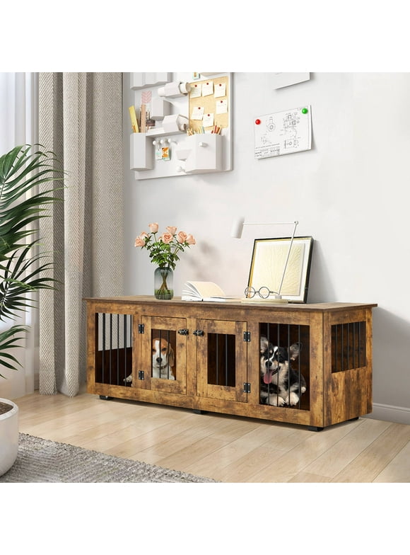 Hommow 64.2" Dog Crate Furniture, Double Dog Crate with Removable Divider, Wooden Dog Cage Suitable for One Medium Dog or Two Small sized Dogs, Rustic Brown