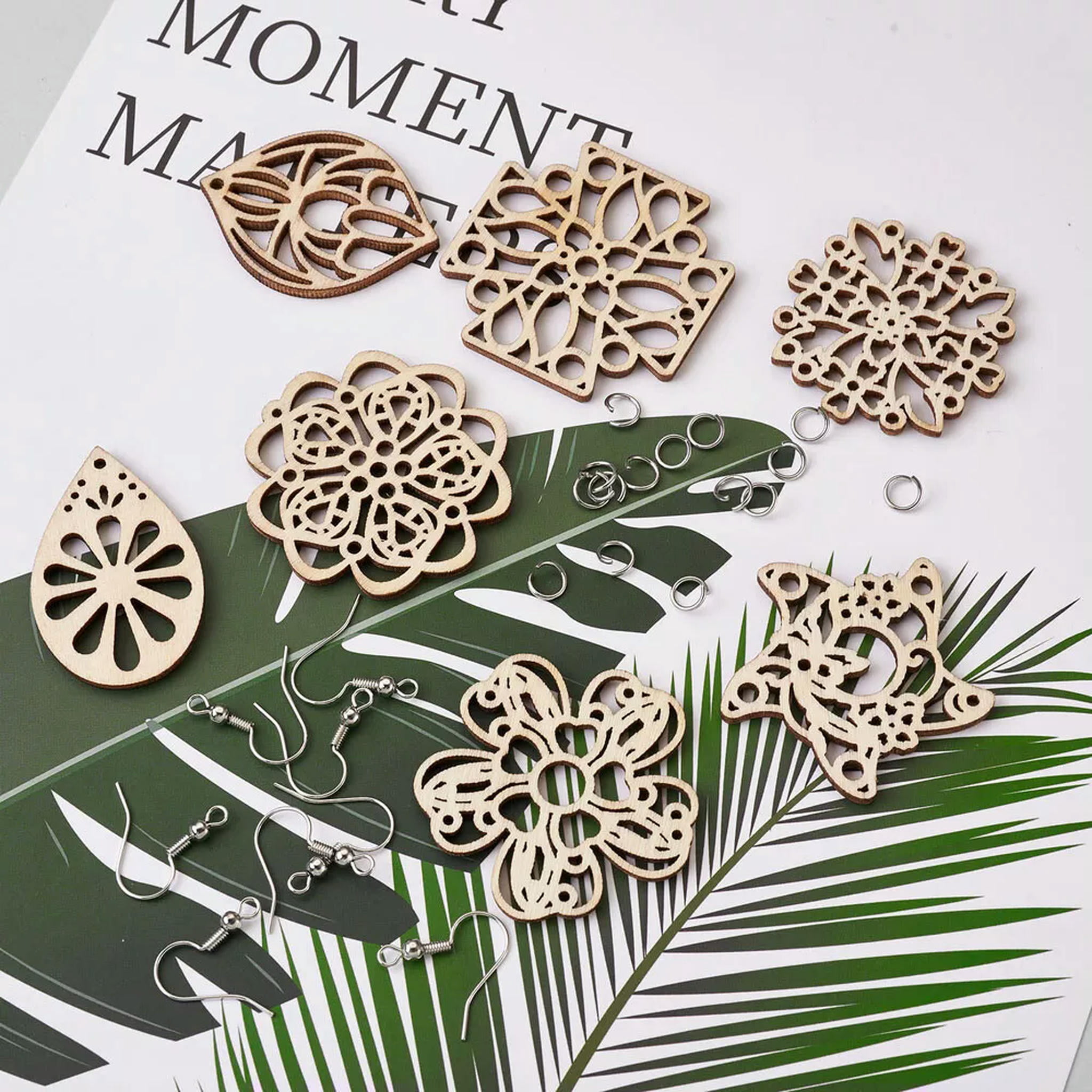 U8MO DIY Dangle Earring Kits 48x Natural Wood Pendants 50xEarring Hooks 50xJump Rings