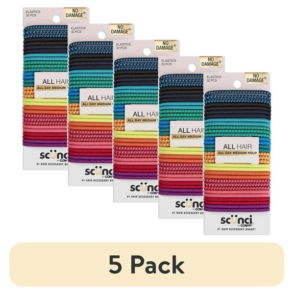 (5 pack) Scunci No Damage Elastic Nylon Ponytail Holder Hair Ties, Multi-Color Solids and Patterns, 32 Ct