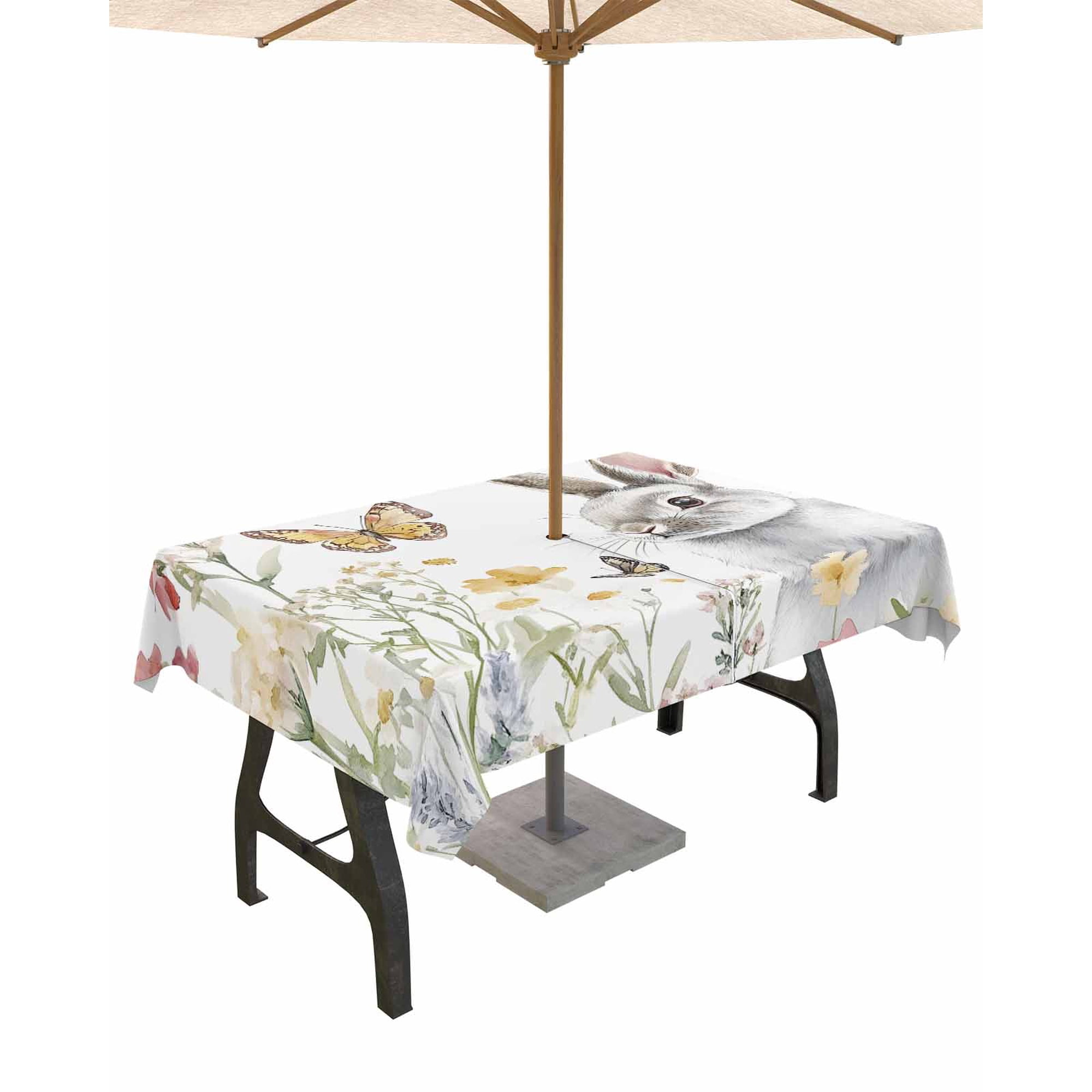 Fsddascl Easter Rabbit Outdoor Tablecloth - 52x70 Inch Rectangle Dining Table Cover Butterfly Cute Watercolor Spring Summer Waterproof Outdoor Table Cloth with Umbrella Hole & Zipper for Patio