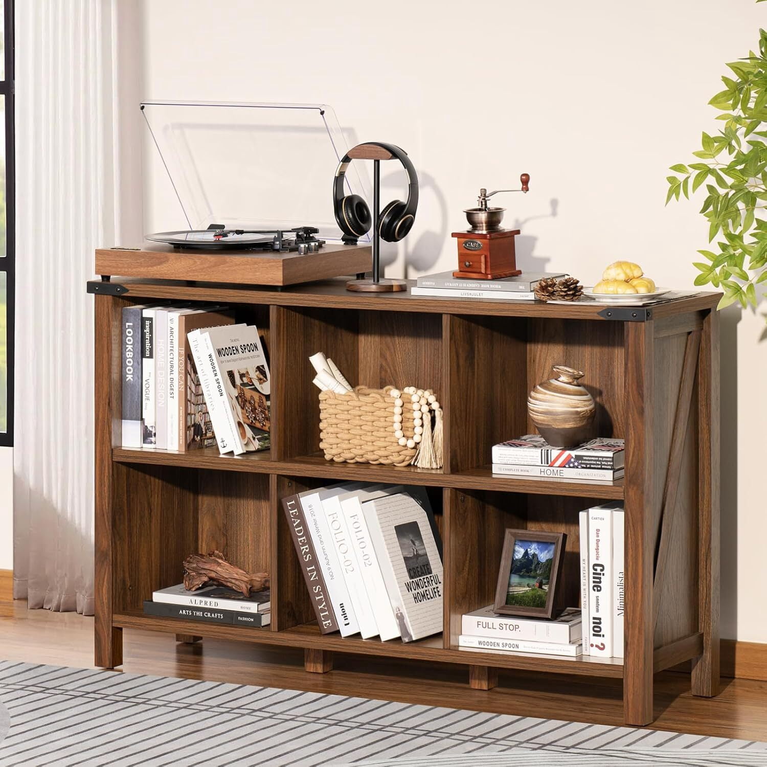 Joaxswe Organizer with Shelf, 6 Cube Storage Organizer Farmhouse Wood Cube Bookcase for Living Room Dark Rustic Brown