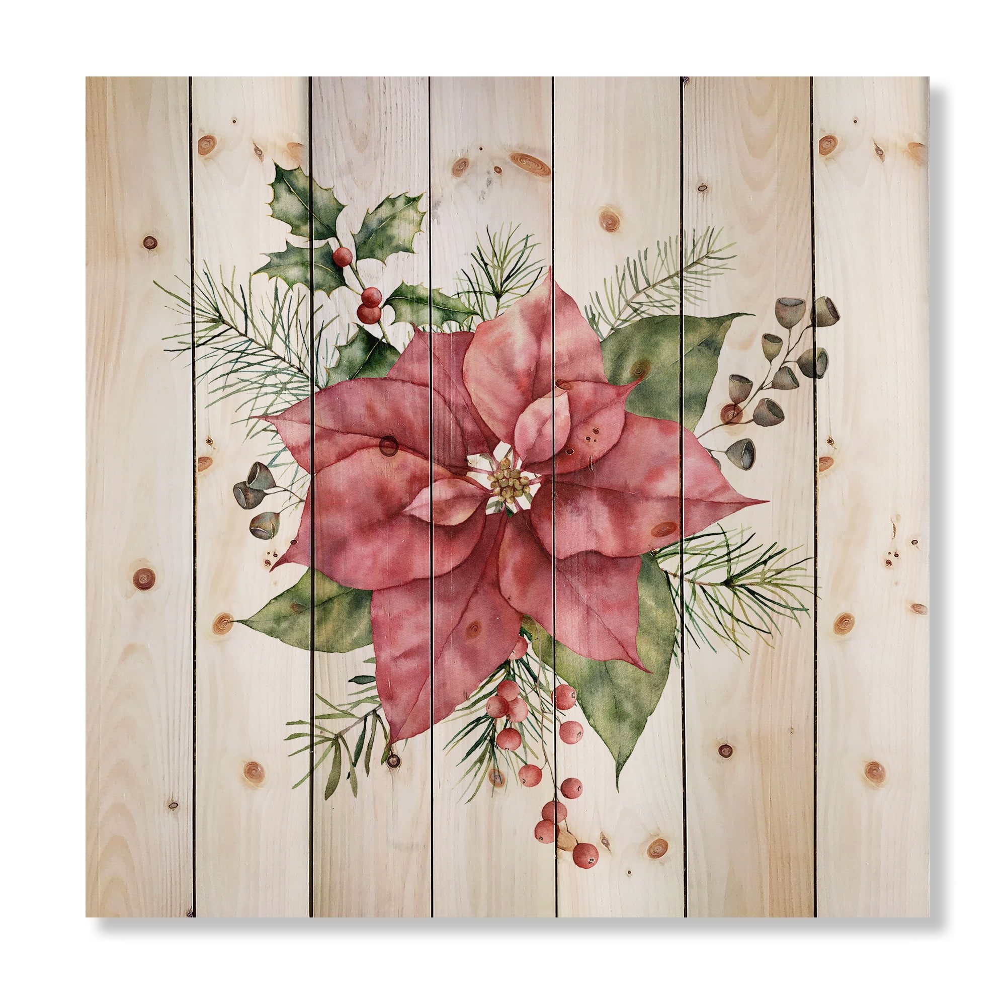 Designart 'Christmas Fir Branch and Holly Mistletoe Berries II' Traditional Print on Natural Pine Wood