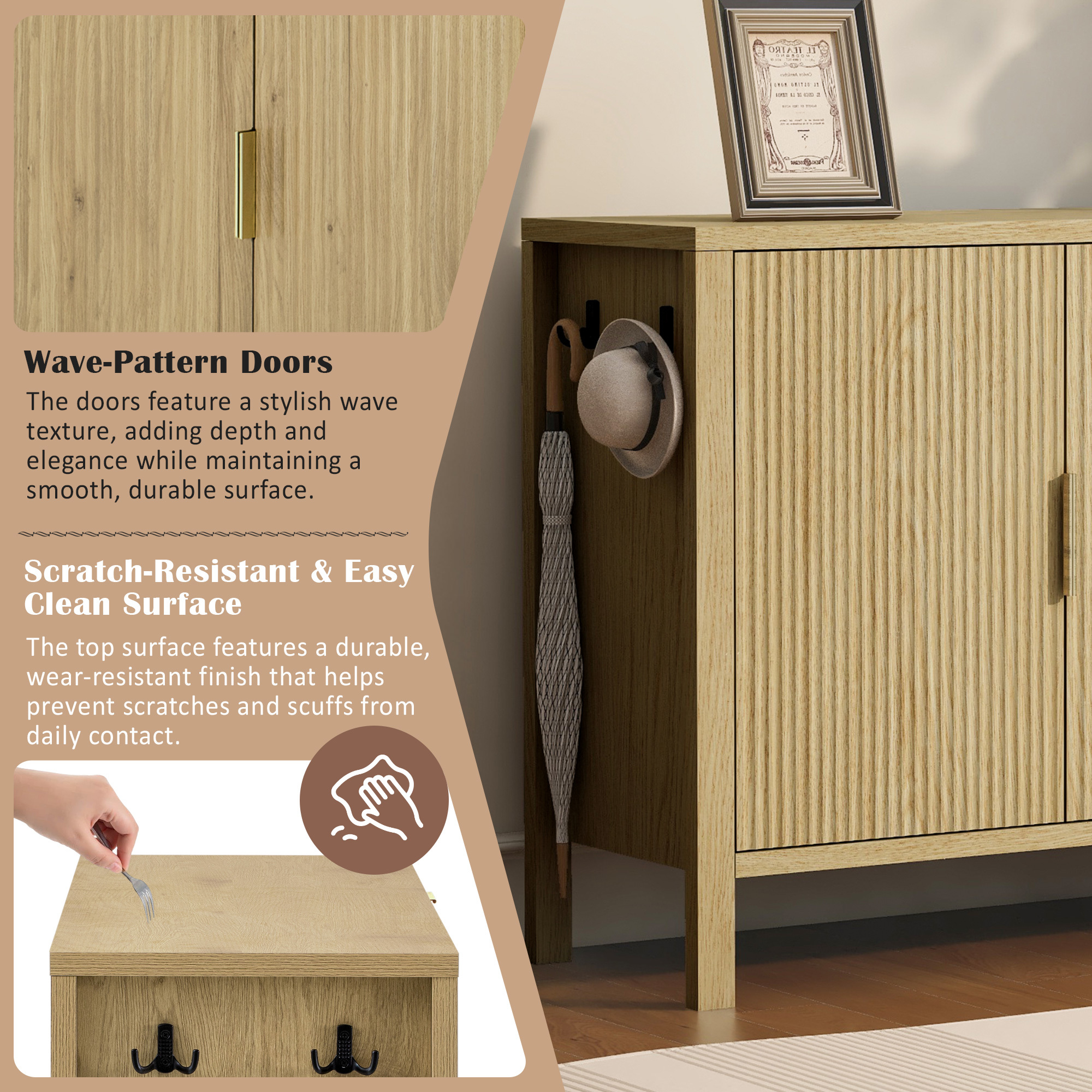 Euroco 55" Sideboard Buffet Cabinet with 3 Drawers, Modern Wave-Pattern Coffee Bar with Hooks and Extra Center Leg,Suitable for Living Room, Dining Room,Entryway,Natural