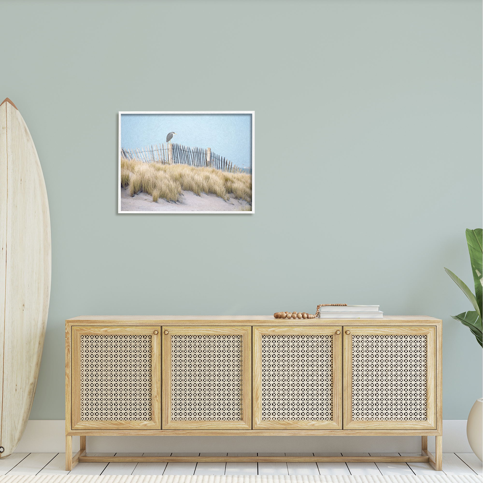 Stupell Bird Perched Nautical Beach Fence Landscape Painting White Framed Art Print Wall Art