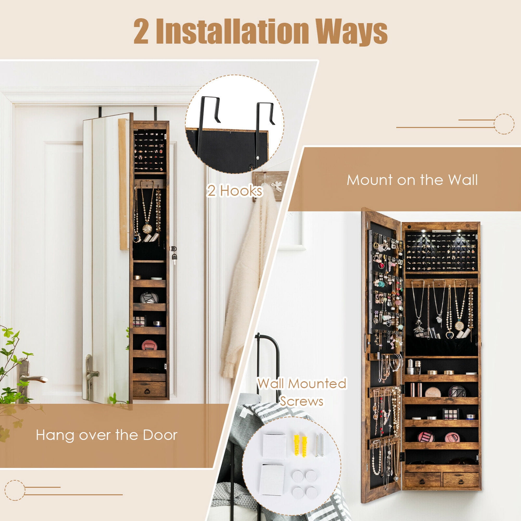 Gymax Brown Mirrored Wall & Door Mounted Jewelry Storage Cabinet Organizer W/ Lights & Drawer Rustic