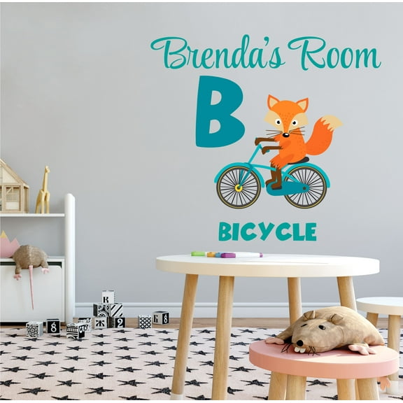 ANIMALS - Easy To Apply Educational English Alphabet Letter B Decoration Bicycle & Fox Design Removable Home Wall Decal - Kids Nursery Bedroom Customized Name Lettering Art Wall Sticker 10" x 9"