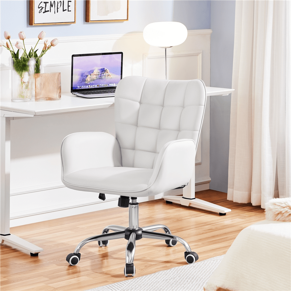 Alden Design Modern Faux Leather Desk Chair with Mid-Back Padded Armrests for Office, White