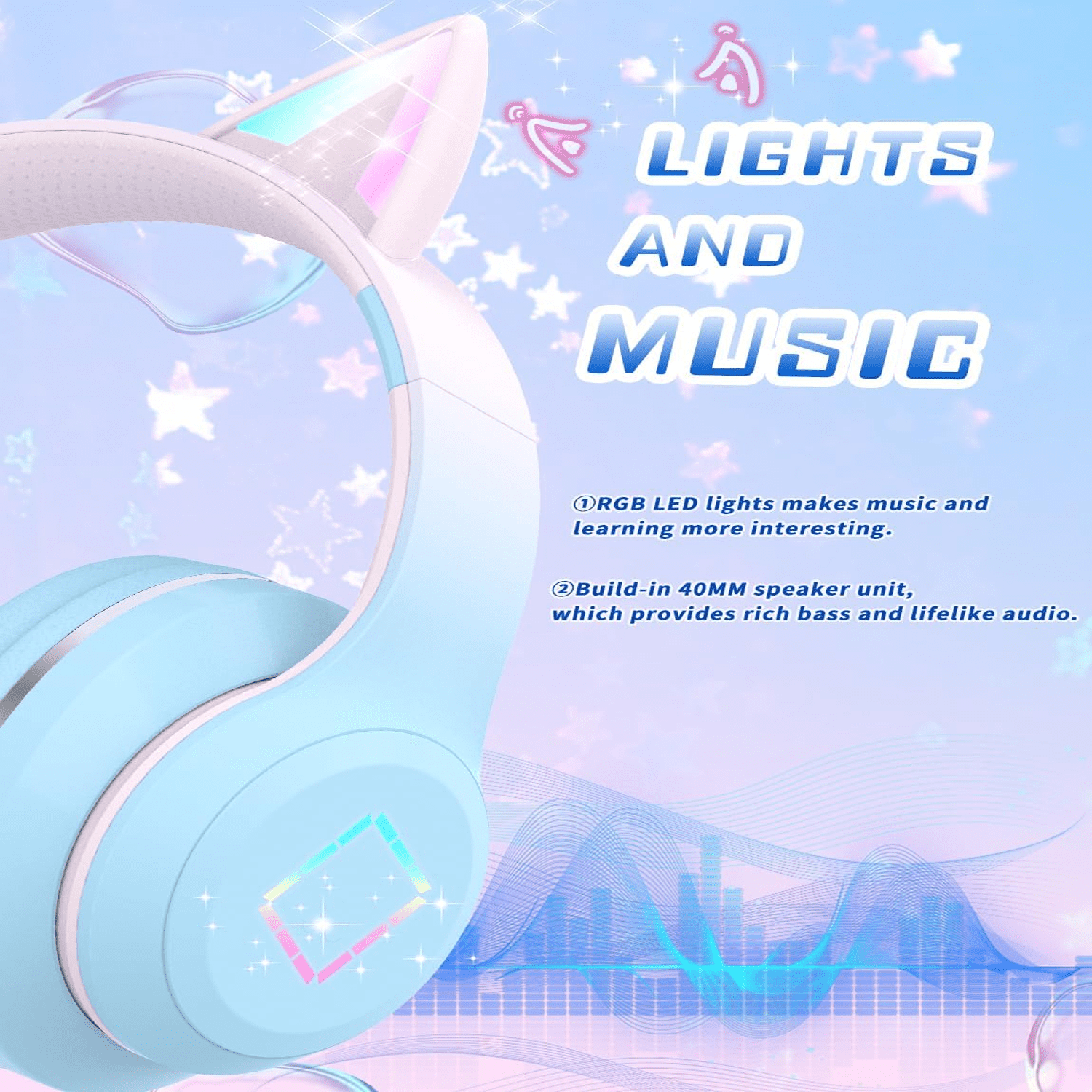 New Gaming Cat Ear Headphones LED Lights Headset Cute Wireless Bluetooth 5.0 School Teen on Ear for Computer | Laptop | Plane Travel