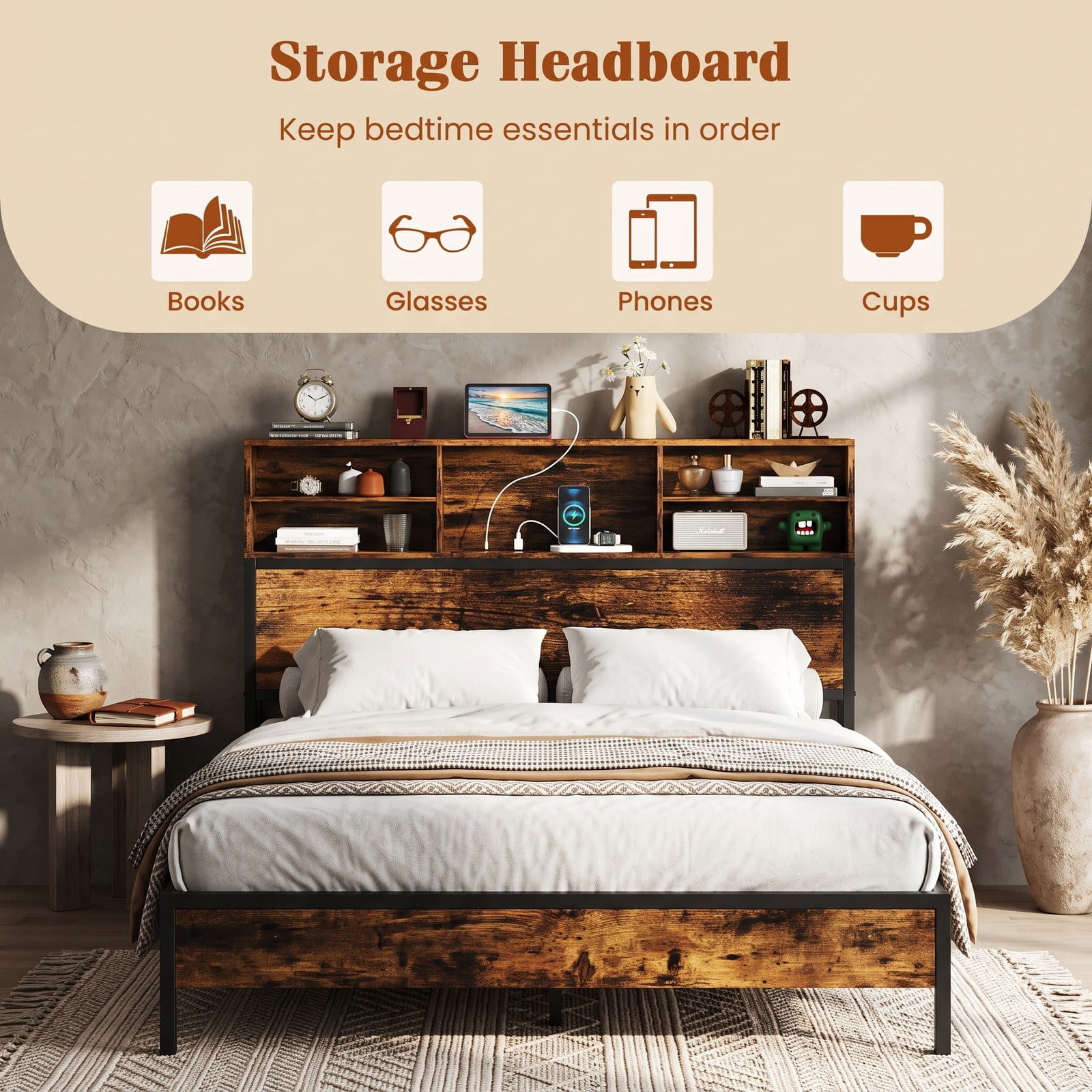 Furnibear Queen Bed Frame Industrial Metal Platform Bed with Storage Headboard and Charging Station and USB Ports, Rustic Brown