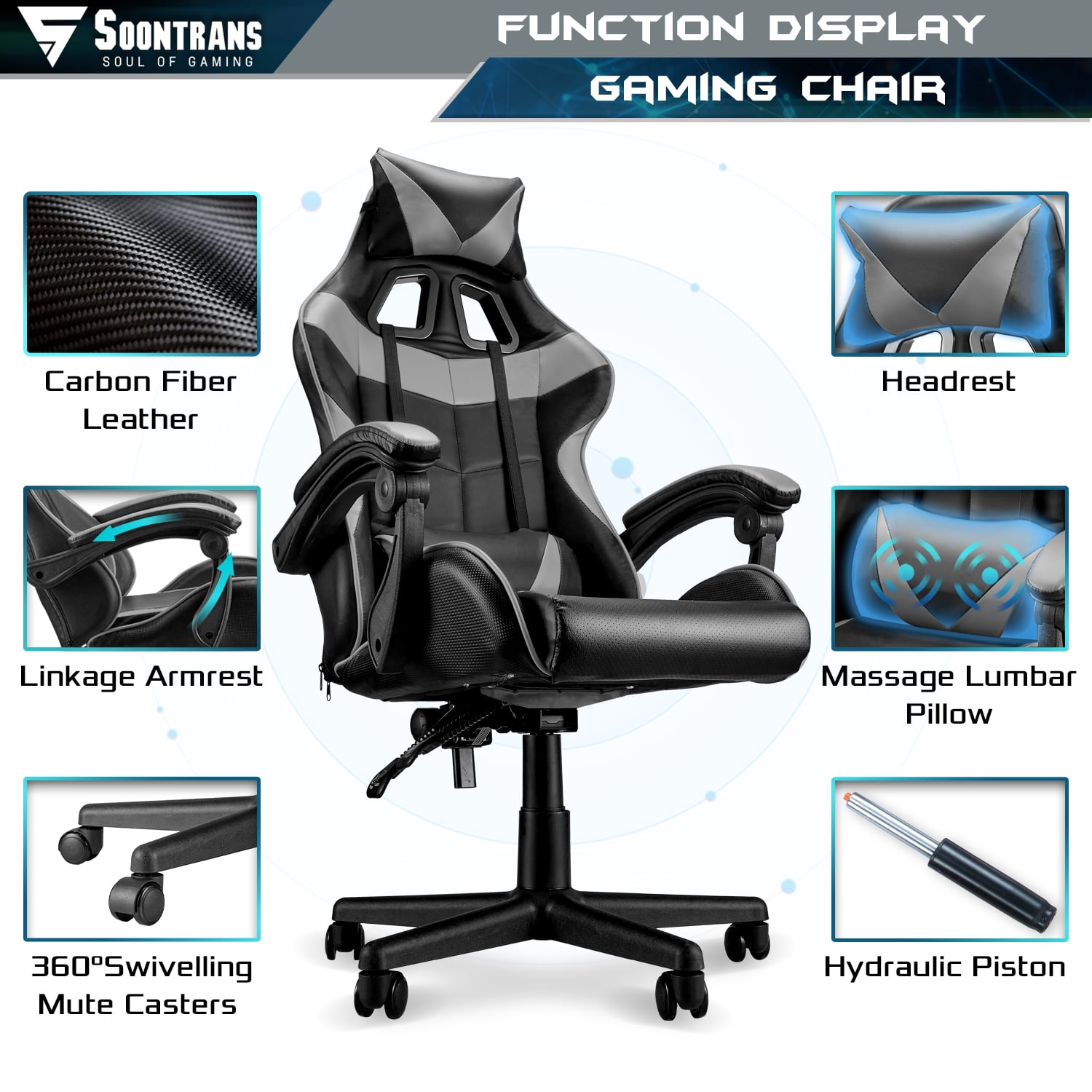 Soontrans Gray Gaming Chairs with Massage,Ergonomic Computer Gamer Chair,Game Chair with Adjustable Headrest and Lumbar Support, Gray