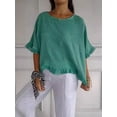 thumbnail image 2 of Round Neck Ruffled Hem Mid-Sleeve Cotton and Linen Top Solid Short Sleeve Blouse Tops,Women T-Shirt Green L, 2 of 5