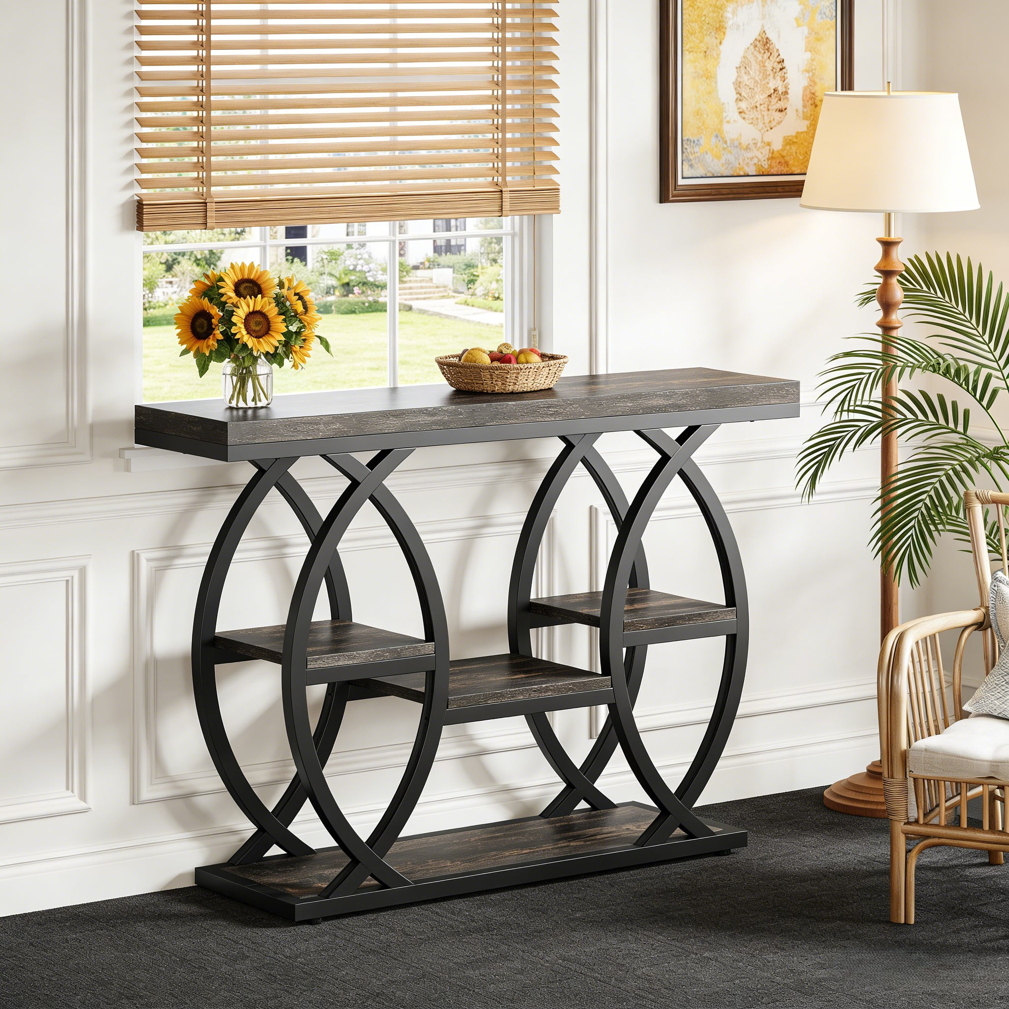 Fnova 39.4" Industrial Console Table, 4-Tier Retro Staggered Storage Shelves, Narrow Wood Accent Table with Metal Frame, for Small Spaces, Entryway, Sofa, Hallway