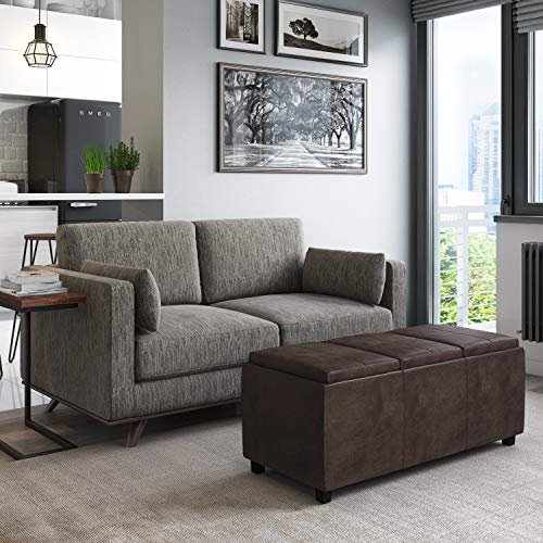 SIMPLIHOME Avalon 42 inch Wide Rectangle Storage Ottoman in Upholstered Distressed Brown Faux Leather, Coffee Table for the Living Room, Bedroom, Contemporary