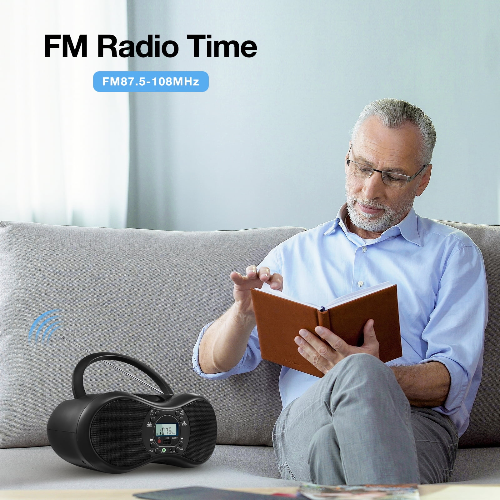 Portable CD Player Boombox with FM Radio, Bluetooth, and USB Port ,Stereo Sound with Remote Control,CD-R/RW and MP3 CDs Compatible,3.5mm Aux Input and Headphone Jack.