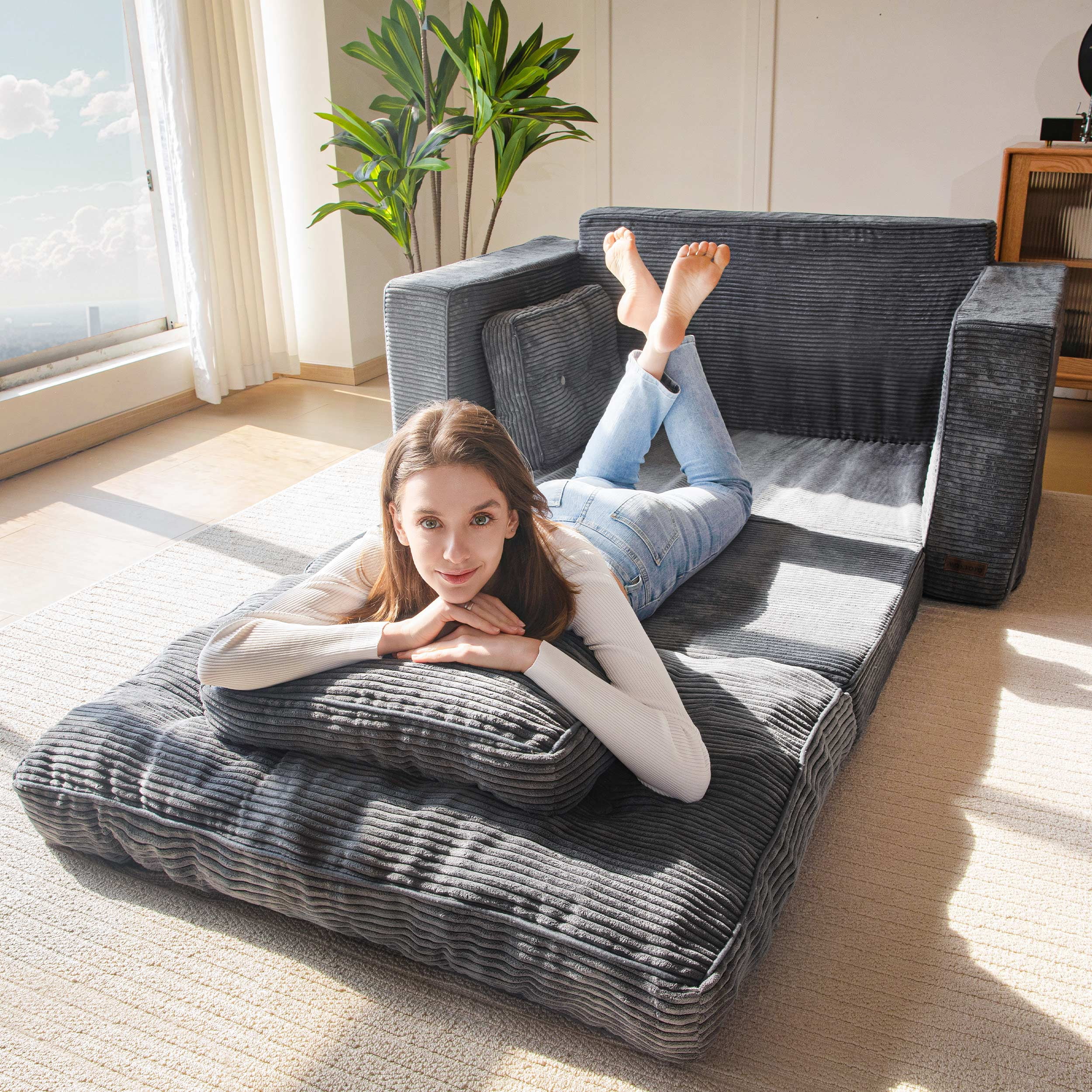 BYBYME Convertible Futon Sofa Bed,Pull Out Couch Beds Loveseat Sleeper,2 in 1 Folding Couch Bed with Pillows for Living Room Bedroom,Beige
