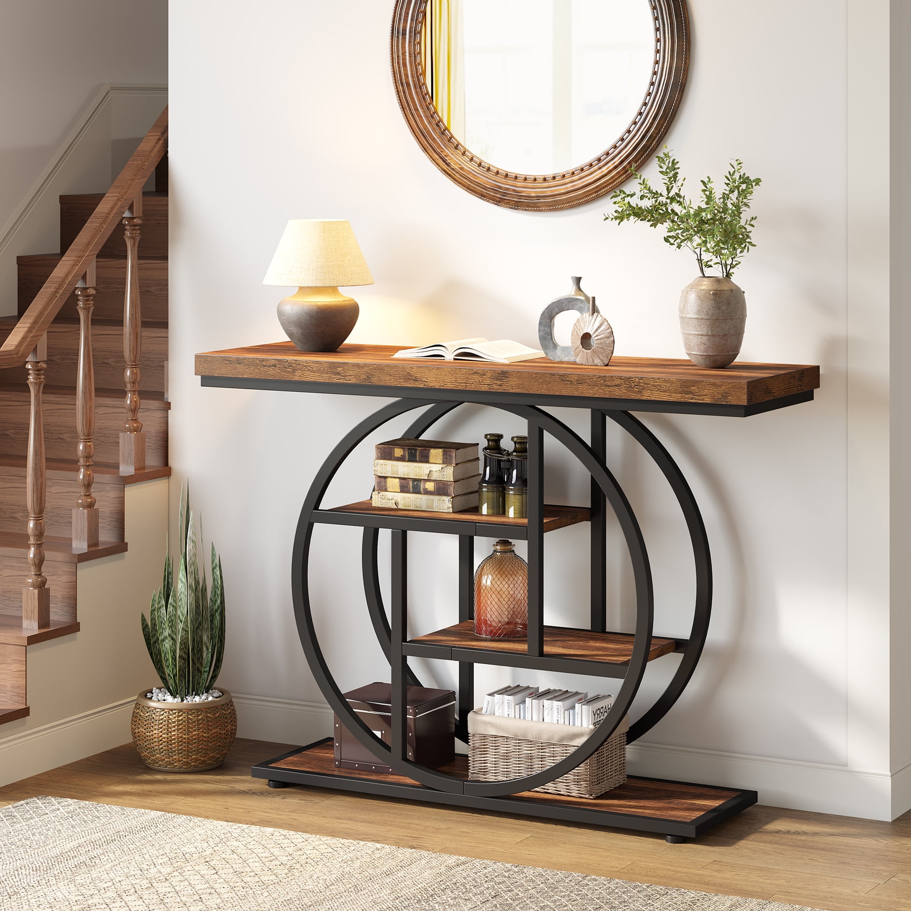 Fnova Console Table, Entryway Table with 4-Tier Storage Shelves, 42" Wood Modern Narrow Long Side Table, , Sofa Table, Accent Table for Living Room, Entryway, Hallway, Dark Brown and Black
