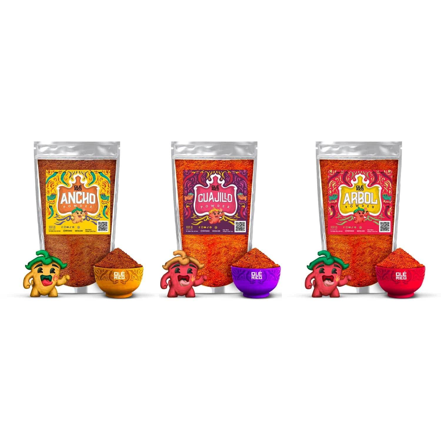 Ole Rico Chile Powder Variety Pack, Ancho, Guajillo, Chile de Arbol, 20 oz, Pack of 3