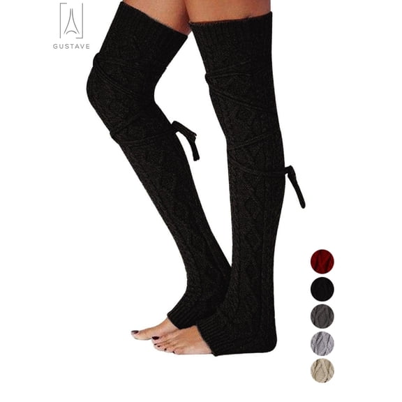 Gustave Women Thigh High Socks Extra Long Over the Knee Cotton Knit Warm Thick Tall Long Boot Stockings Leg Warmers, Black