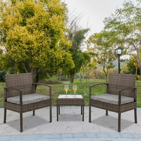 Gray Patio Furniture Sets UBesGoo 3 Piece Patio Furniture Set Wicker Rattan Outdoor Patio Conversation Set with Gray Cushions ()