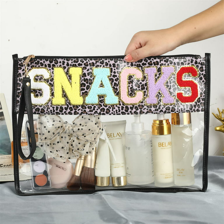 Monogram Clear Stadium Letter bags Chenille Letter Multi-purpose PVC Clear  bags Clear purse beach bags Snack Makeup Tote bags(leopard-snacks)… 