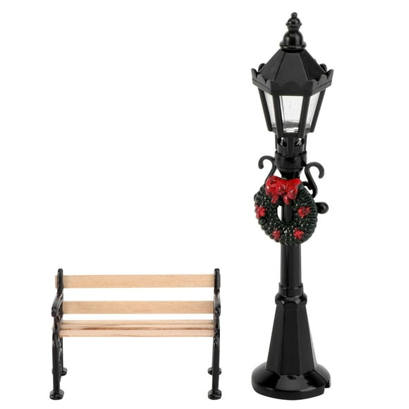 Christmas Miniature Park Bench & Street Lamp: 2pcs Xmas Fairy Garden Accessories