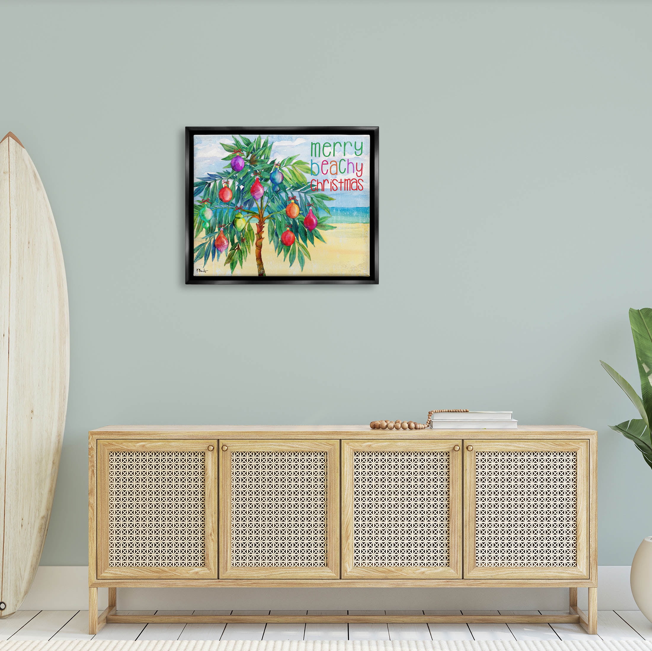 Stupell Industries Merry Beachy Christmas Holiday Palm Graphic Art Jet Black Floating Framed Canvas Print Wall Art, Design by Paul Brent
