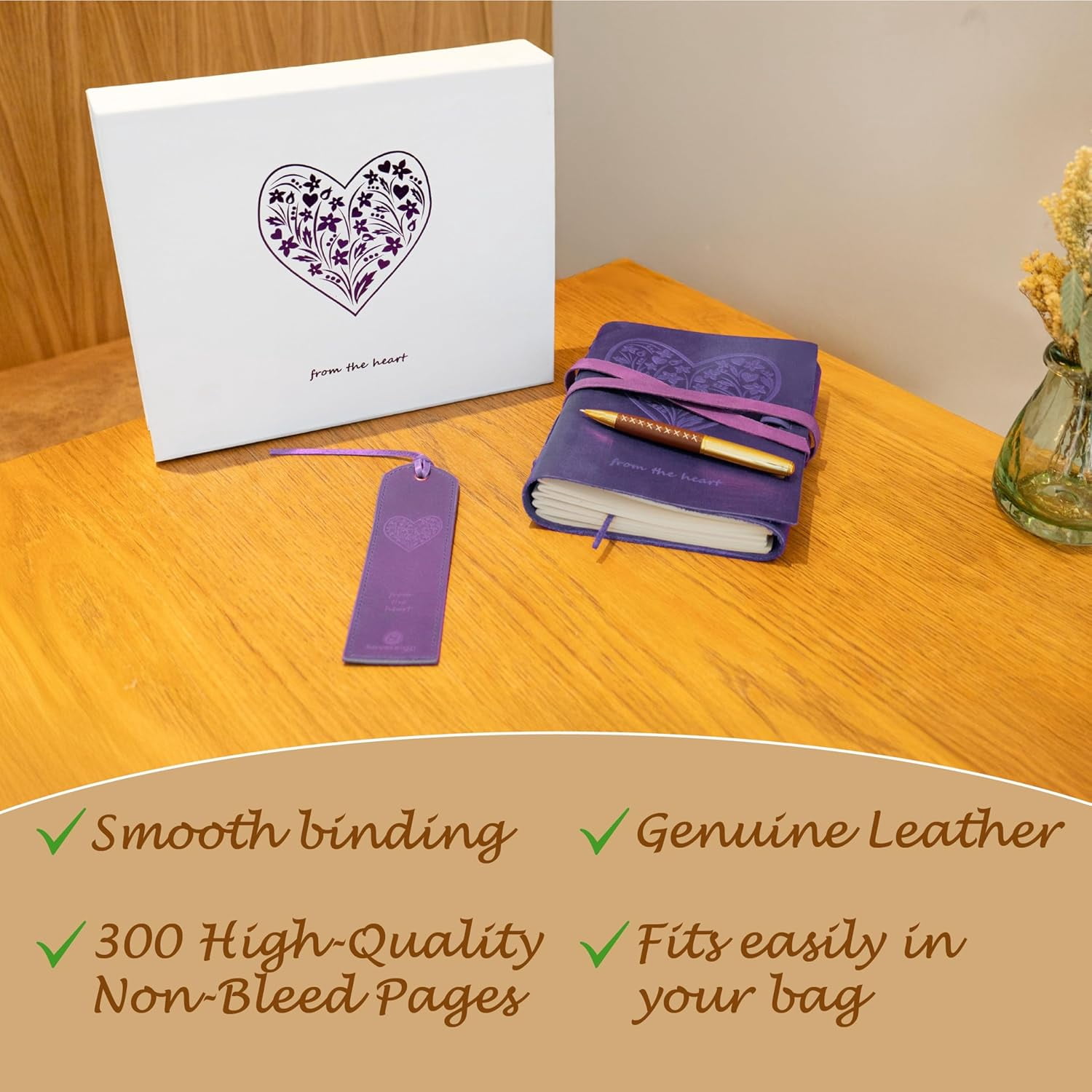 Heart Leather Journal Gift Set with Bookmark & Pen,  Writing Notebook for Women