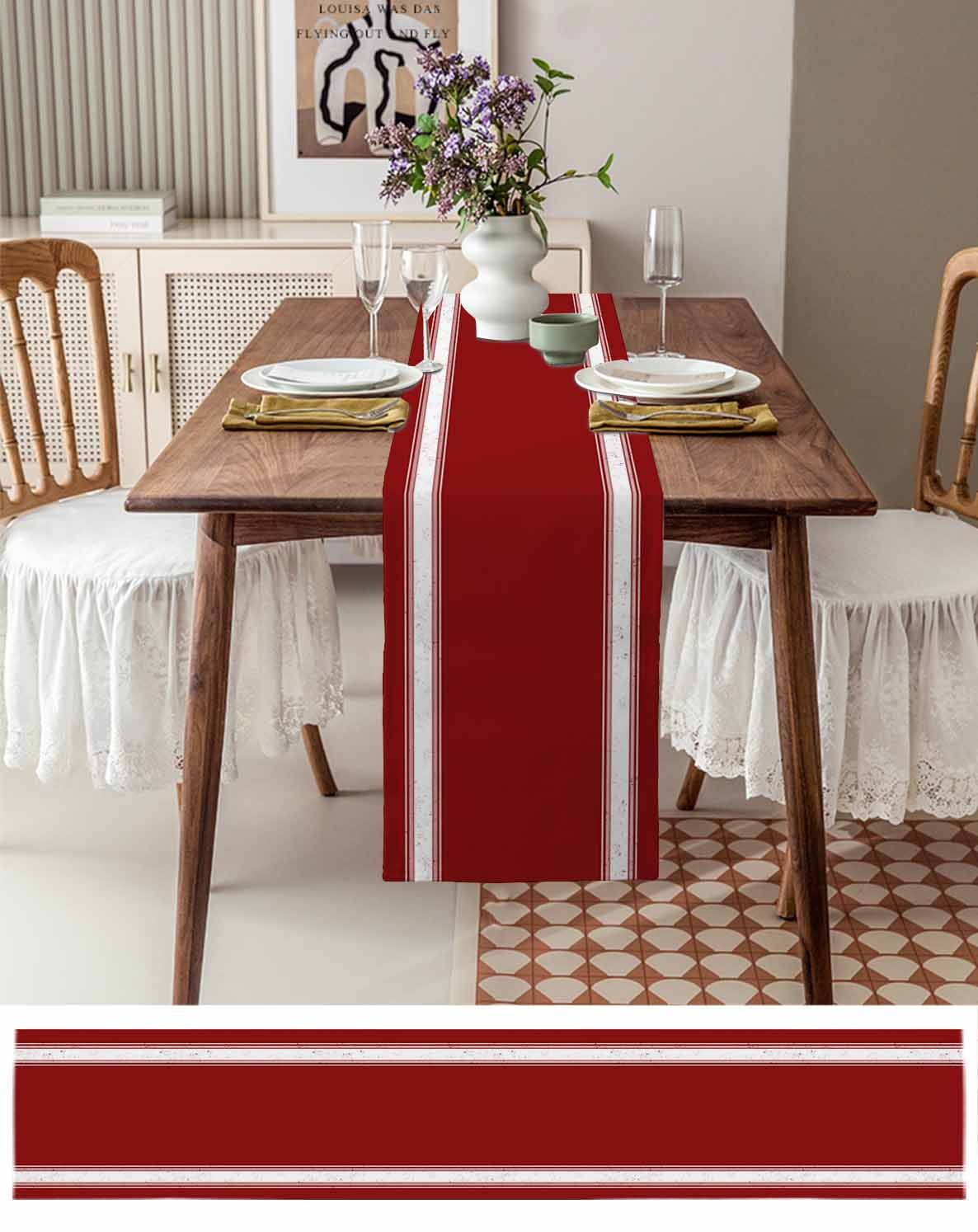 Hokiten Table Runners 72 Inches Long Dress Scarves, Christmas Red Farmhouse Kitchen/Dining Table Runner, Coffee Tablerunners, Luxurious Xmas Red White Striped 14x72 Inch
