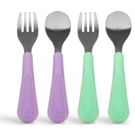 Ubbi Stainless Steel Toddler Utensil Set, Includes 2 Forks & 2 Spoons, Smoothie Purple & Sugar Snap Green, 4 Pack, Food Grade Silicone