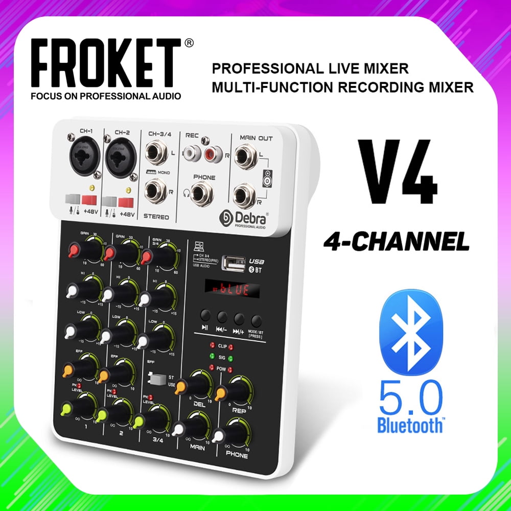 V4 Mixer DJ Controller Mixer, 5.0 Bluetooth 48V Phantom Power, Low Bottom Noise For Mixing Console PC Recording ,Easy to Operate