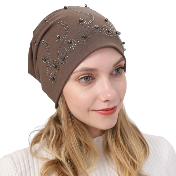 UDIYO Beanie Hat Double-layers Pearl Rhinestone Decor Baggy Slouchy Keep Warm Thin Spring Autumn Winter Women Skull Cap for Outdoor