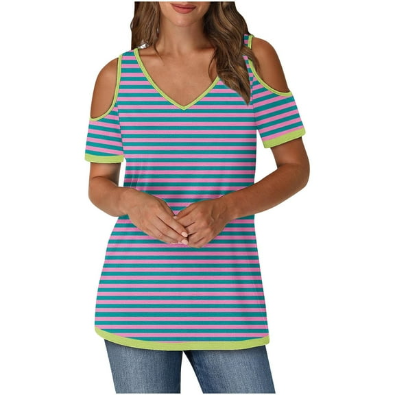 Kaemgyyd Summer Tops Womens Stripe Short Sleeve Cold Shoulder Tunic Tee V Neck Loose Casual Shirts Fashion