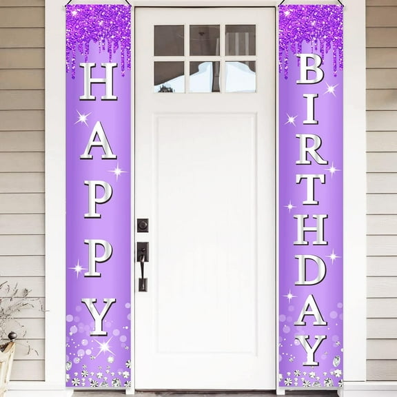 Purple Silver Happy Birthday Door Banner Decorations, Happy Birthday Porch Sign Party Supplies for Girls Women, 16th 21st 30th 40th 50th 60th Birthday Banner for Indoor Outdoor