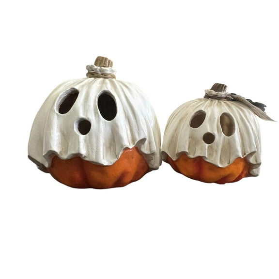 Ghost Pumpkin LED Lighted Set of 2 Large & Small Halloween