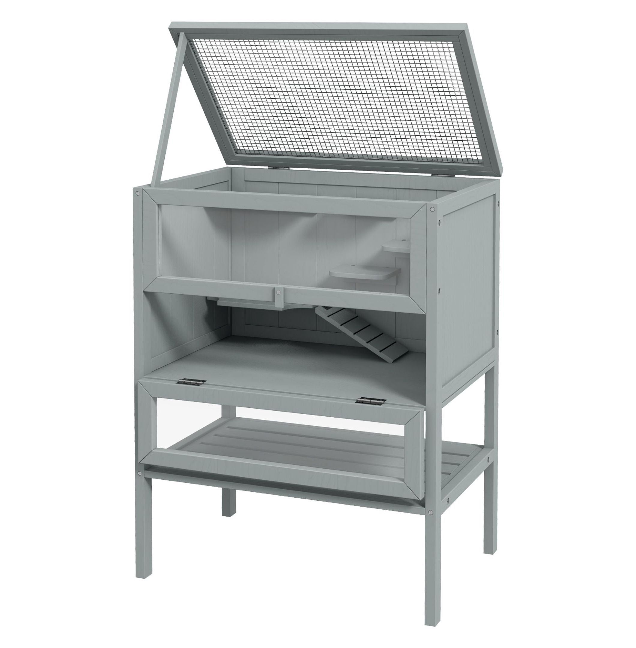 3-Tier Wooden Large Hamster Cage, Mice and Rat Cage Small Animals Hutch with Openable Top, Front Door, , Gray