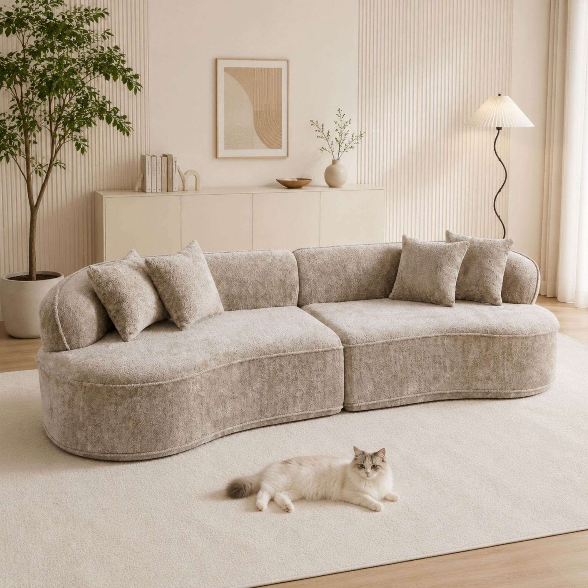DEALTOPS 114" Modular Boucle Curved Sectional Sofa, 4-Seater Cloud Couch with No Assembly, Oatmeal