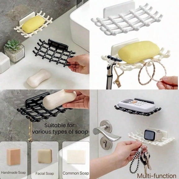 Soap Holder Soap Dish with Hooks Razor Holder Adhesive Bar Soap Holder No Drilling Soap Saver Tray for Shower Wall Bathroom Organizer Shower Rack Bathtub Sink White White