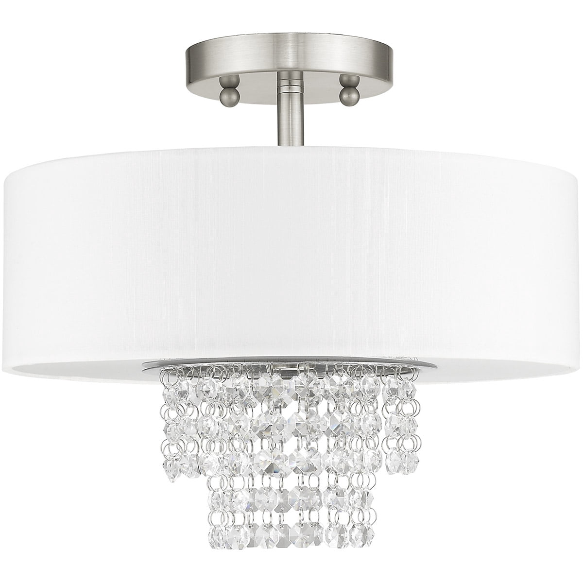 2 Light Brushed Nickel Ceiling Light fixture with Clear Crystals/ Hand Crafted Off-White Fabric Hardback Shade