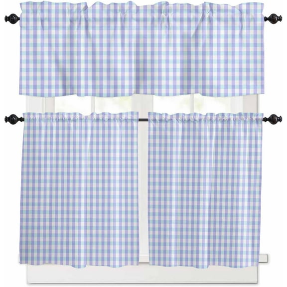 Blue Grid Kitchen Curtains, Checkered Plaid Gingham Lattice Trellis Print 3-Piece Kitchen Curtain Valance and Tiers Set 24 Inch Length, Rod Pocket Half Window Curtains for Cafe Living Room Bathroom