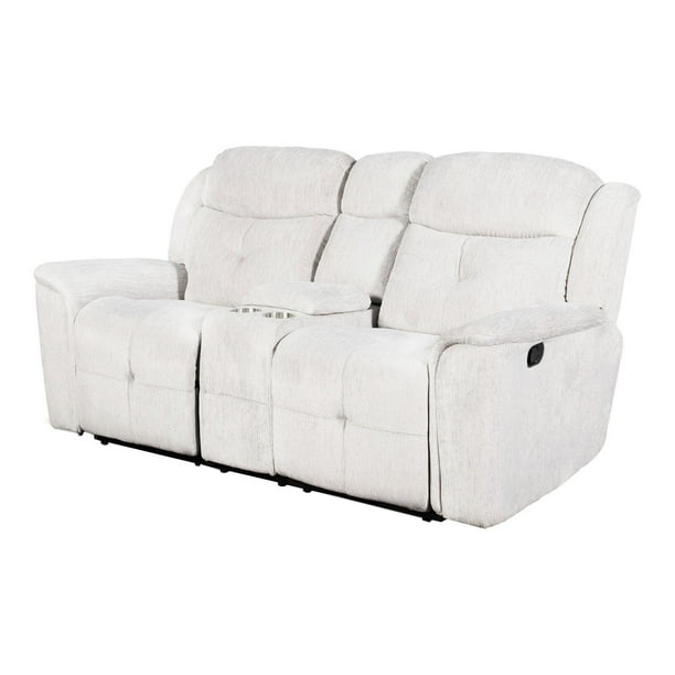 Fabric Upholstered Dual Cup Holder Console Loveseat with Storage, White