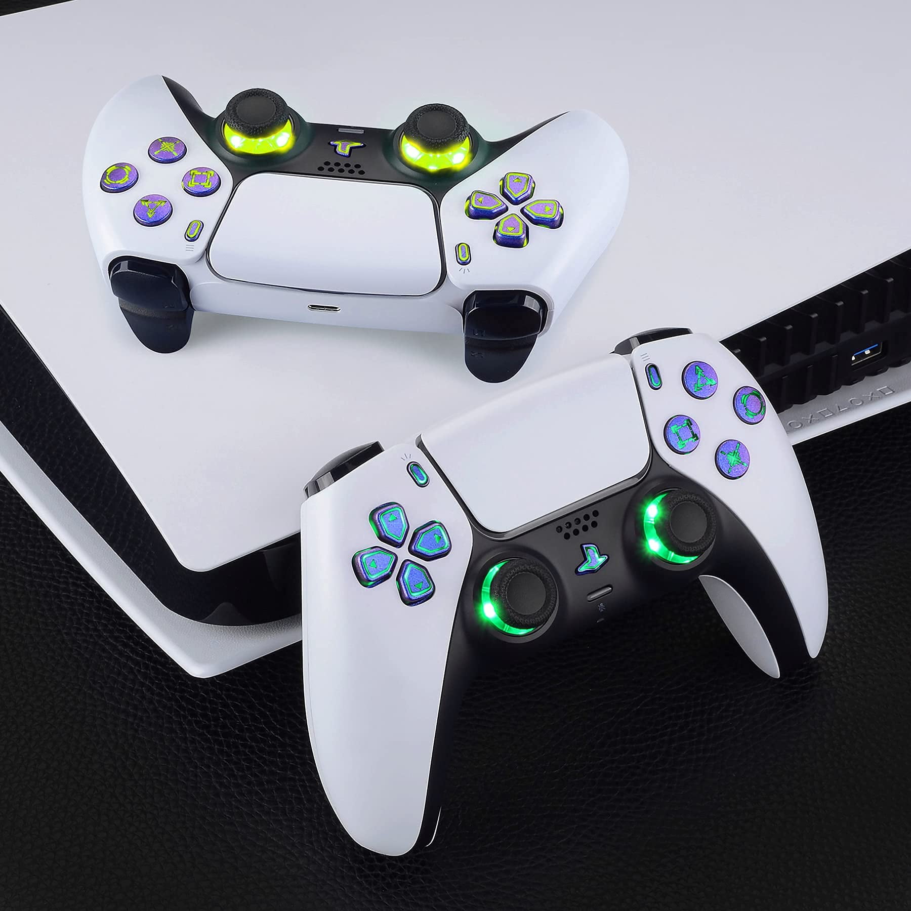 eXtremeRate Multi-Colors Luminated D-pad Thumbstick Option Face Buttons Chameleon Purple Blue Classical Symbols Buttons LED Kit for PS5 Controller