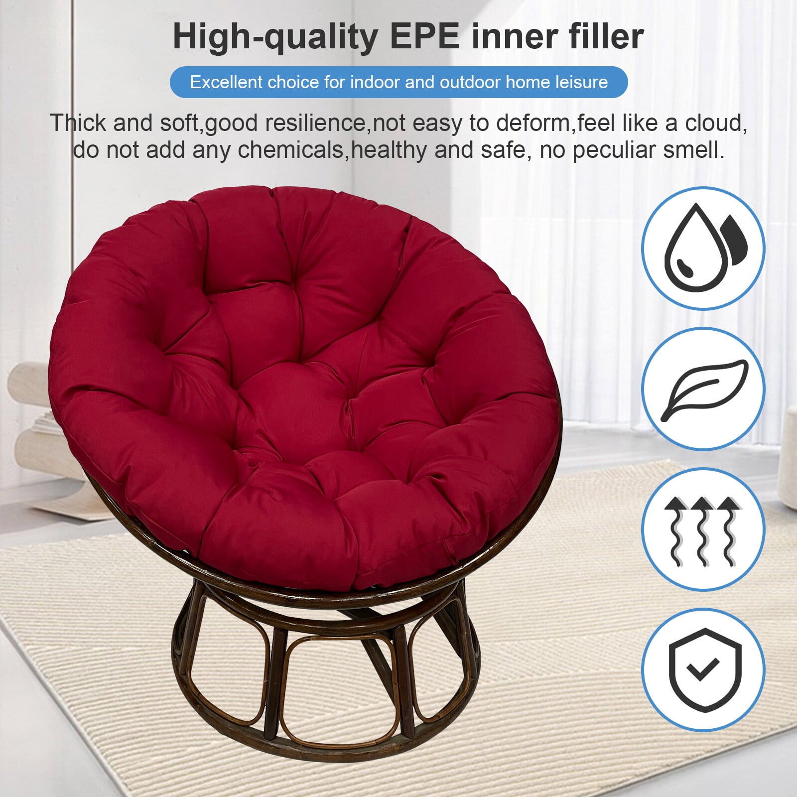 JIAN YA NA Indoor Outdoor Papasan Cushion, 51-inch Hanging Egg Chair Cushion Replacement (Without Chair), Burgundy
