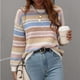 thumbnail image 2 of Suéter de punto a rayas Jersey de cuello redondo Hombro caído Suéter casual de manga larga para mujer Blanco M, 2 of 6