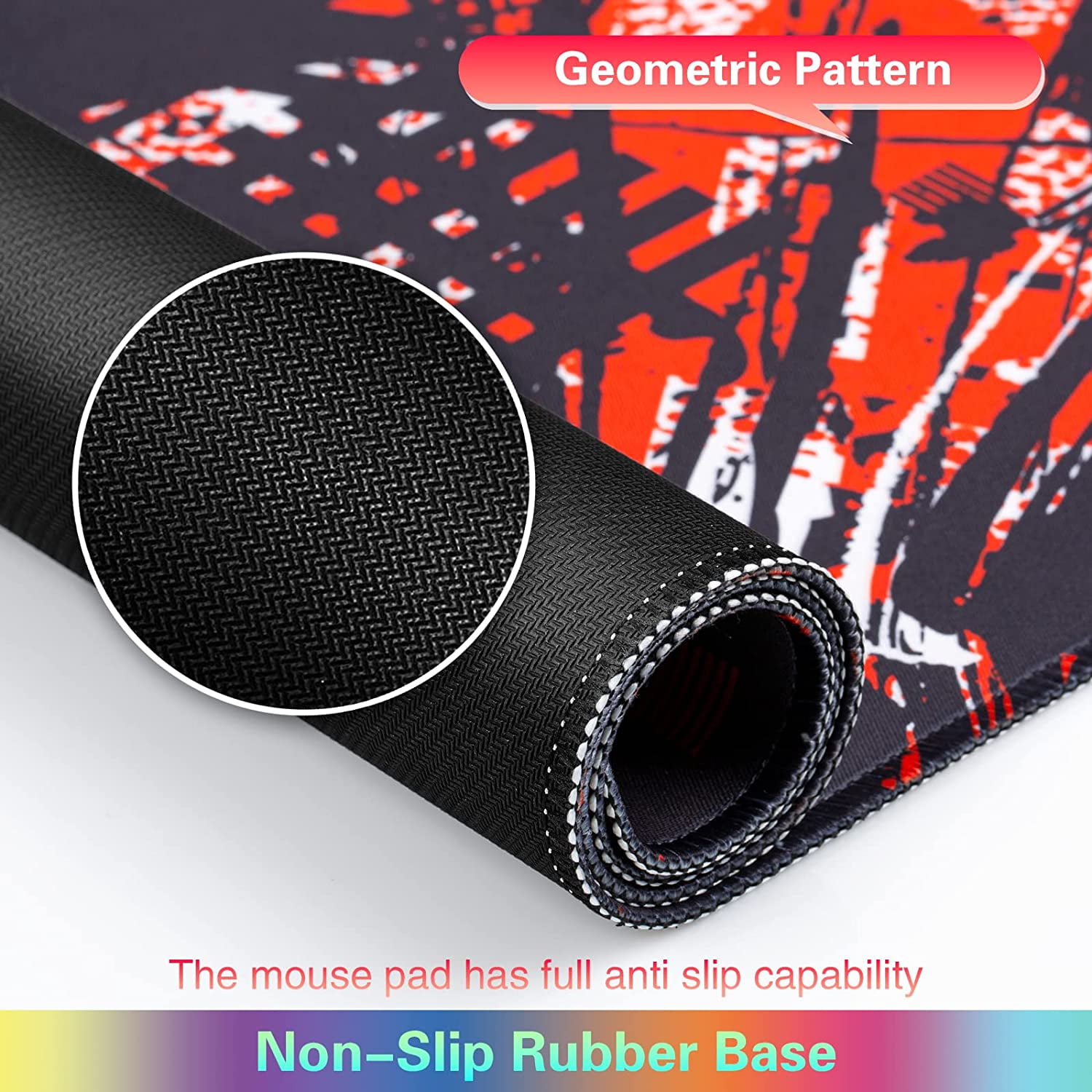 Gaming Mouse Pad, Extended Mouse Pad 31.5x15.7inch XXL Large Big Computer Keyboard Mouse Mat Desk Pad with Non-Slip Base and Stitched Edge for Home Office Gaming Work (Black Red Geometric)