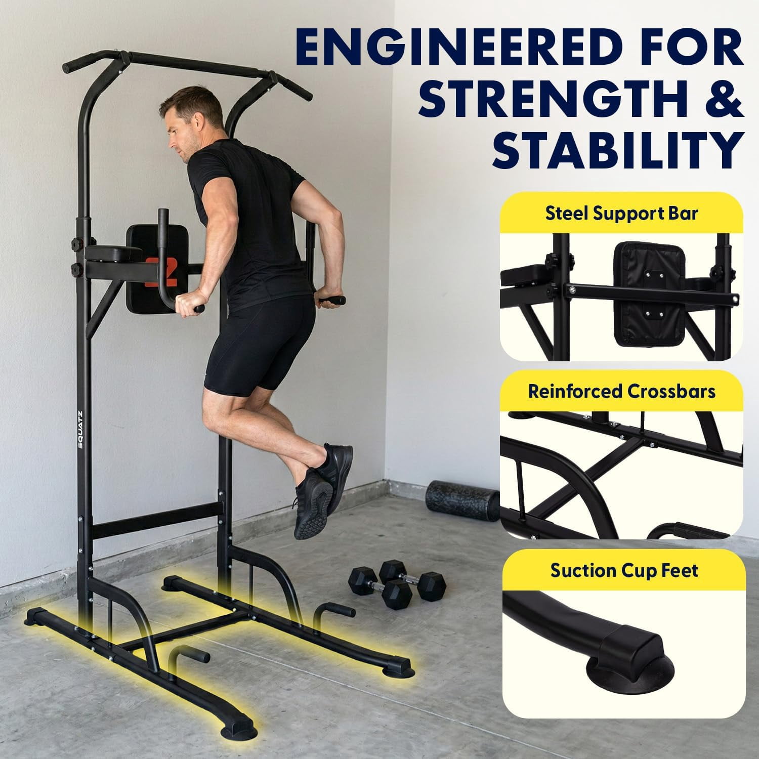 Squatz Power Tower Pull Up Station – Free Standing Multi-Grip Workout Frame with 6 Adjustable Heights, H-Base Stability, Steel Construction, 330 lb Capacity (Black)